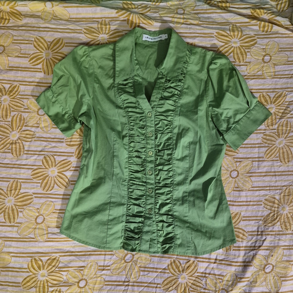 Ruffled Button-Down Short Sleeve Blouse - Green